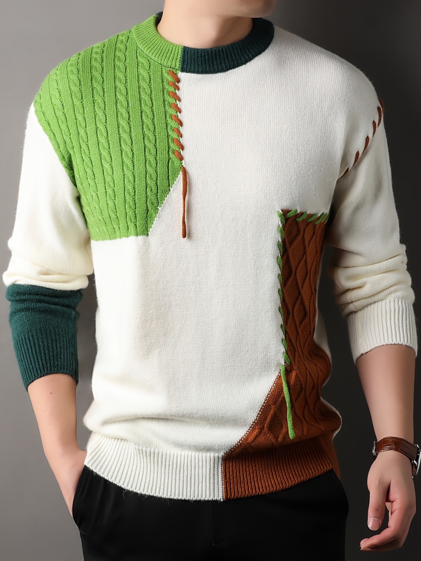 1pc mens korean neck sweater casual striped pattern rib knit stretch loose fit acrylic knit fabric warm pullover for fashionable base layer top 12422 details 3