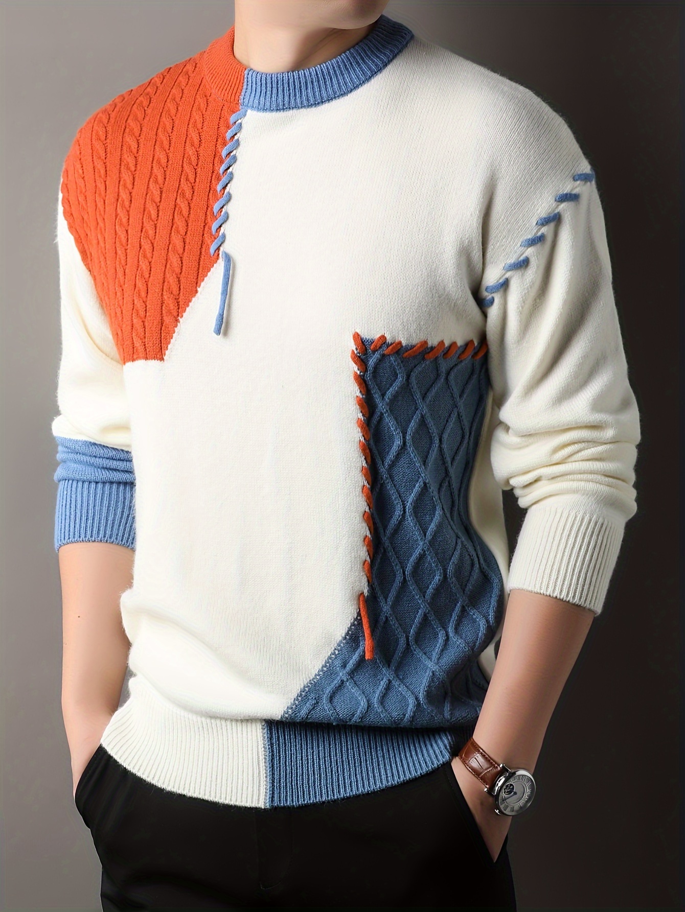 1pc mens korean neck sweater casual striped pattern rib knit stretch loose fit acrylic knit fabric warm pullover for fashionable base layer top 12422 details 6