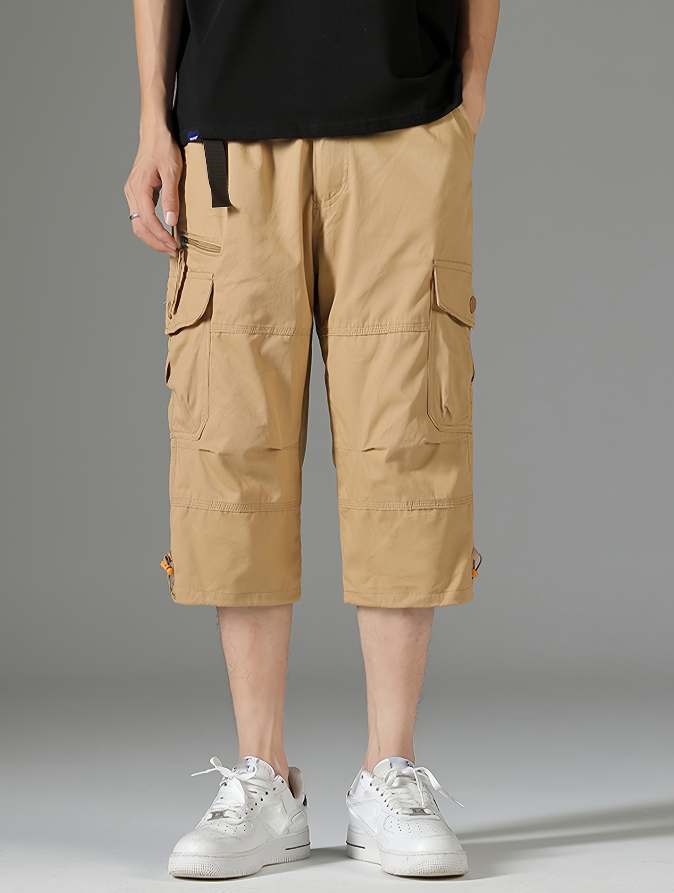 mens 3 4 length solid color non stretch cotton cargo shorts for summer outdoor wear details 0