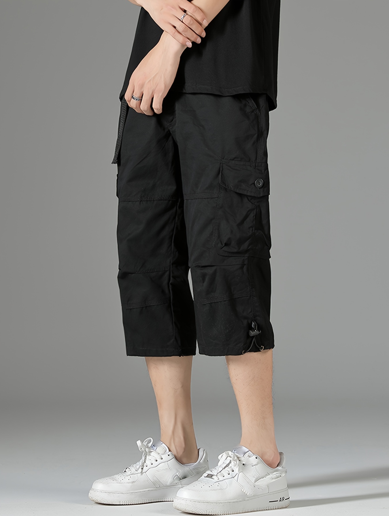 mens 3 4 length solid color non stretch cotton cargo shorts for summer outdoor wear details 13