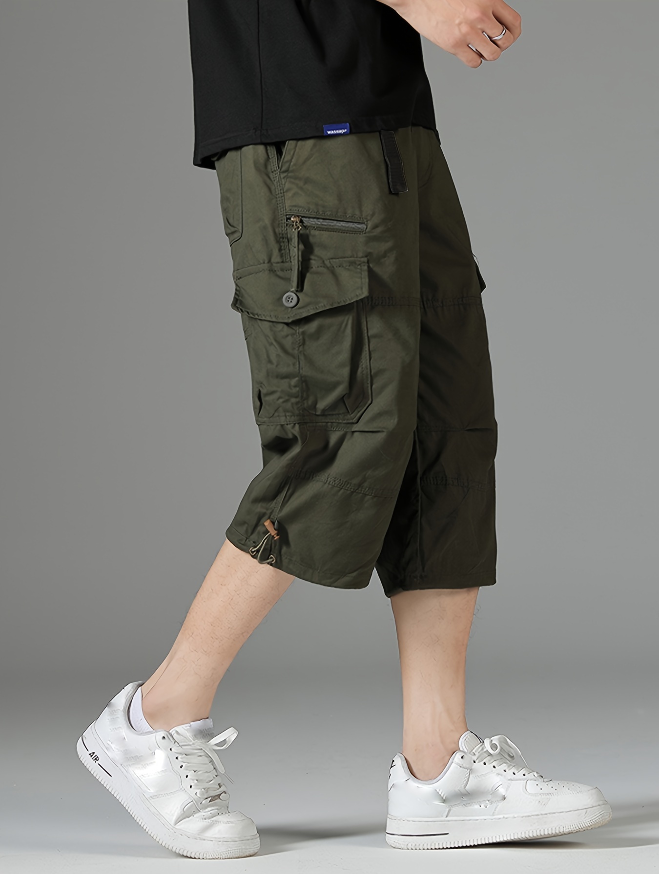 mens 3 4 length solid color non stretch cotton cargo shorts for summer outdoor wear details 18