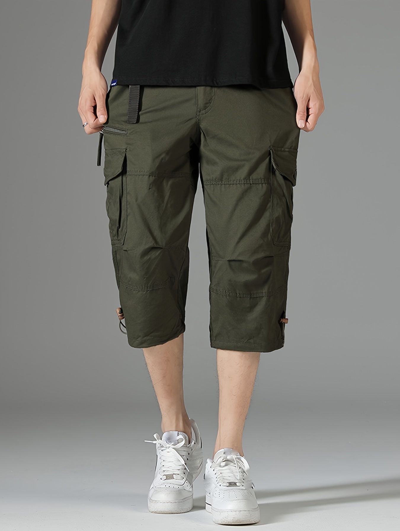 mens 3 4 length solid color non stretch cotton cargo shorts for summer outdoor wear details 19
