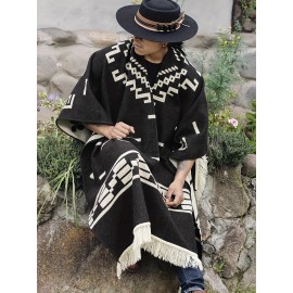 Casual V-Neck Tribal Pattern Poncho with Tassels - Polyester & Acrylic Blend, Non-Stretch Woven Fabric, Fall/Winter Warmth - Western Bandit Inspired Cape for Outdoor Adventures and Shopping