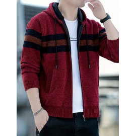 1pc Men'S Casual Color Block Chenille Hooded Knit Jacket - Polyester Long Sleeve Zip-Up with Slight Stretch, Regular Fit Hooded Sweater for Fall/Winter