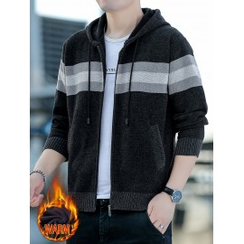 1pc Men'S Casual Color Block Chenille Hooded Knit Jacket - Polyester Long Sleeve Zip-Up with Slight Stretch, Regular Fit Hooded Sweater for Fall/Winter