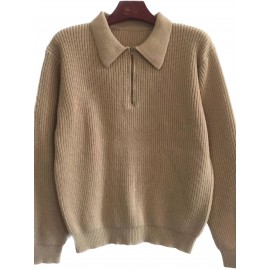 Men's Stylish Solid Knitted Shirt, Casual Slightly Stretch Breathable Lapel Zip Up Long Sleeve Shirt Top For City Walk Street Hanging K-pop