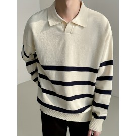 Men's Color Blocking Striped Golf Shirt For Autumn And Winter, Casual Stylish Long Sleeve Top As Gift