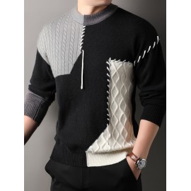 1pc Men'S Korean Style Crew Neck Sweater, Casual Striped Pattern, Rib-Knit, Slight Stretch, Loose Fit, Acrylic Knit Fabric, Thick Warm Patchwork Pullover for Fall/Winter - Fashionable Color Block Base Layer Top [12422]
