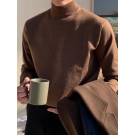 Men'S Fall/Winter Casual Knit Pullover Sweater, Solid Color, Long Sleeve, Slight Stretch, Regular Fit with High Neck Collar