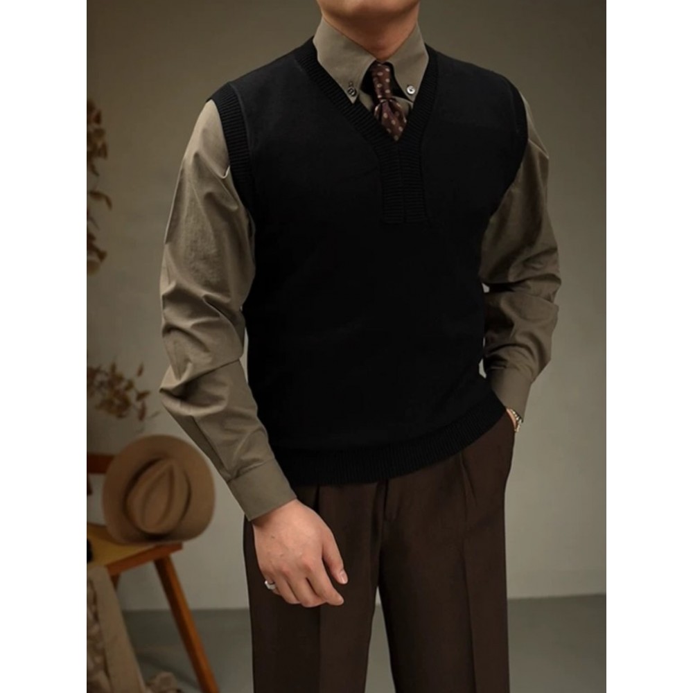 Men's Casual V-Neck Sweater Vest - Knit, Stretch Fabric, Perfect for Spring/Fall