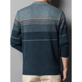 1pc Men'S Casual Striped Crew Neck Sweater, Polyester Knit Long Sleeve Pullover, Mature Style Solid Color Warm Top for Sports and Leisure