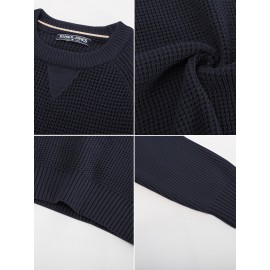 Men Waffle Textured Sweater Long Raglan Sleeve Crew Neck Ribbed Cuff Pullover