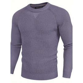 Men Waffle Textured Sweater Long Raglan Sleeve Crew Neck Ribbed Cuff Pullover