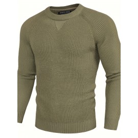 Men Waffle Textured Sweater Long Raglan Sleeve Crew Neck Ribbed Cuff Pullover