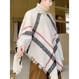 Men's Casual Plaid Tassel Shawl Sweater - Cozy Knit Pullover with High Neck, Loose Fit, Non-Sheer for Fall/Winter | Soft Acrylic, Machine Washable