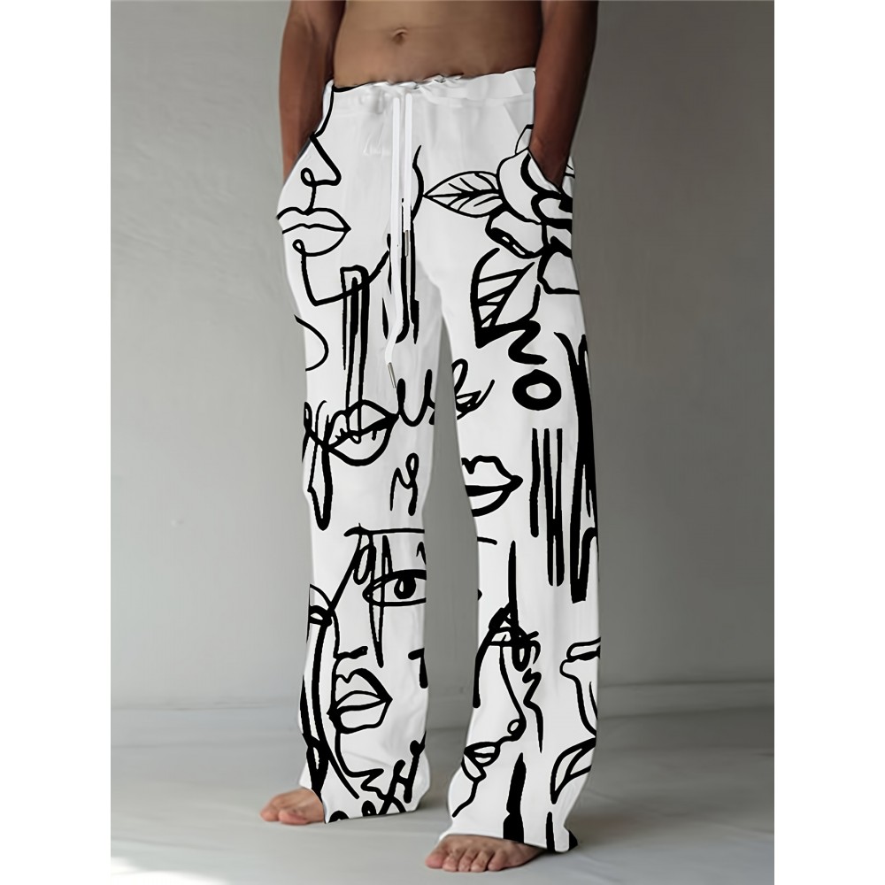 Men's Casual Athletic Joggers with Abstract Face Print - Loose Fit, Polyester Blend, Machine Washable