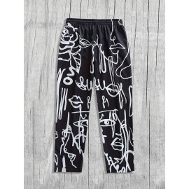 Men's Casual Athletic Joggers with Abstract Face Print - Loose Fit, Polyester Blend, Machine Washable