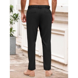 Men'S Casual Chino Pants, Rayon Blend, Non-Stretch, Solid Color, Regular Fit, with Button Detail, for All-Season Woven Flat Front Drawstring Trousers
