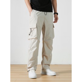 Men's Casual Flap Pocket Straight Leg Cargo Pants, Street Style Casual Pants For Outdoor Activities