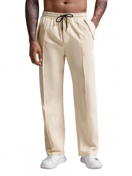 Mens Cotton Linen Pants Casual Pleated Drawstring Elastic Waist Loose Fit Beach Yoga Pants With Pockets
