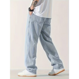 Men's Casual Light Blue Jeans, Loose Straight Trousers, Versatile Drawstring Elastic Waist Band Long Pants