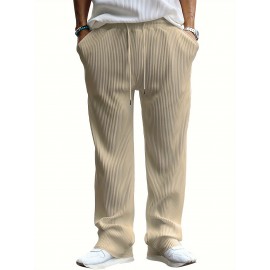 Men's Drawstring Pants Mid Waist Straight Leg Long Pants Casual Solid Color Ribbed Pants