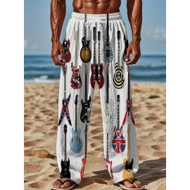Men's Vintage-Inspired Guitar Print Casual Pants - Loose Fit, Drawstring Waist, Polyester, Machine Washable