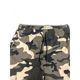 Men's Camo Cargo Pants with Flap Pockets & Drawstring Waist - Casual Outdoor Workwear, Polyester