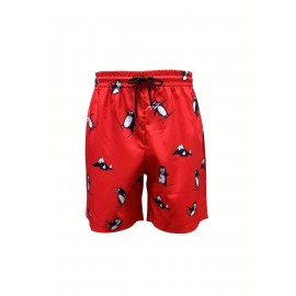 Men's Trendy Cartoon Penguin Pattern Print Active Shorts, Drawstring Beach Shorts For Summer Beach Resort, Hawaiian Shorts