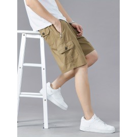 Casual Solid Men's Regular Fit Elastic Waist Cotton Cargo Shorts With Side Pockets For Summer Outdoor Leisure And Work