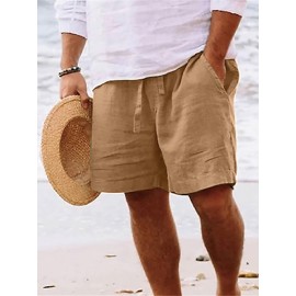 1pc Men'S Casual Linen Blend Shorts - Solid Color, Drawstring Elastic Waist, Breathable Slight Stretch Fabric, Loose Fit Beach Shorts