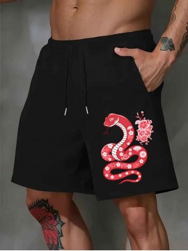 1pc Men'S Casual Polyester Shorts with Elastic Snake Print, Knitted Summer Beachwear, Regular Fit Trendy Outerwear