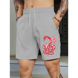 1pc Men'S Casual Polyester Shorts with Elastic Snake Print, Knitted Summer Beachwear, Regular Fit Trendy Outerwear