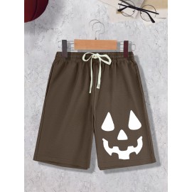 1pc Halloween Pumpkin Smile Print Men'S Casual Cotton Blend Shorts, Slight Stretch Knit Fabric, Regular Fit Sports Shorts